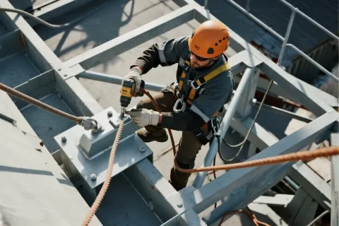 Rope access safety technician installing a stainless steel anchor point on a rooftop, using power tools, wearing helmet, harness, and gloves.