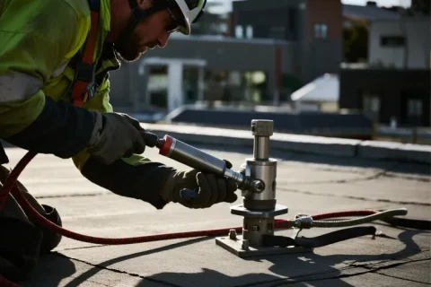 Rope access worker using hydraulic pull testing equipment on a rooftop anchor point, wearing PPE and harness.