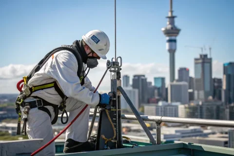 Rope access worker using hydraulic pull testing equipment on a rooftop anchor point, wearing PPE and harness.