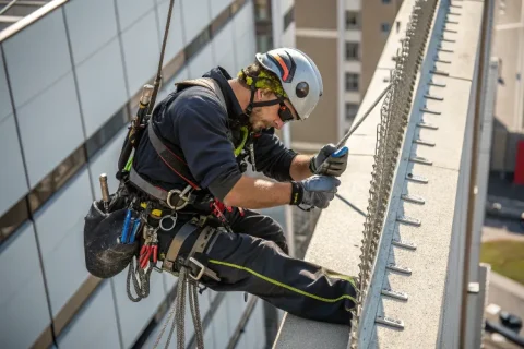 Rope access worker installing bird spikes on a high-rise ledge, wearing helmet, harness, and gloves.