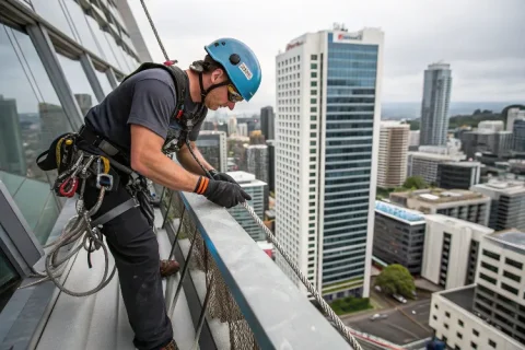 Rope access worker installing bird spikes on a high-rise ledge, wearing helmet, harness, and gloves.