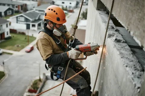 Rope access construction worker cutting into a high-rise concrete wall with a power tool, wearing dust mask, helmet, and harness.
