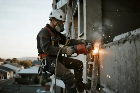 Rope access construction worker cutting into a high-rise concrete wall with a power tool, wearing dust mask, helmet, and harness.