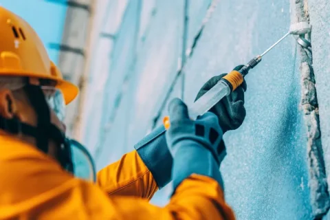 Close-up of a rope access technician injecting repair resin into a crack on a high-rise façade using a caulking-style injection gun, wearing gloves, helmet, and harness.