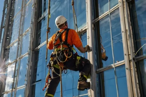 Rope access glazing technician replacing a large high-rise glass panel, suction cups attached to the glass, wearing harness and helmet.
