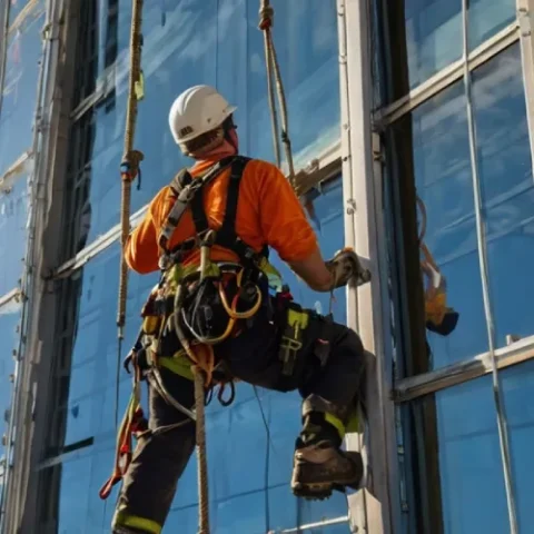 Rope access glazing technician replacing a large high-rise glass panel, suction cups attached to the glass, wearing harness and helmet.