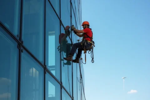 Rope access glazing technician replacing a large high-rise glass panel, suction cups attached to the glass, wearing harness and helmet.