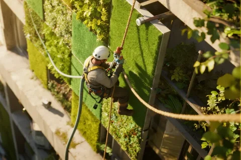 Rope access gardener installing a vertical plant wall on a high-rise building, placing greenery panels, wearing helmet and harness.