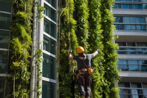 Rope access gardener installing a vertical plant wall on a high-rise building, placing greenery panels, wearing helmet and harness.