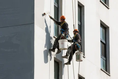 Two rope access technicians painting the exterior façade of a tall building.