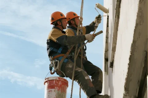 Two rope access technicians painting the exterior façade of a tall building.