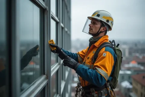 Rope access technician inspecting high-rise window frames and façade for water leaks, holding a moisture meter and clipboard, wearing full PPE.