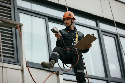 Rope access technician inspecting high-rise window frames and façade for water leaks, holding a moisture meter and clipboard, wearing full PPE.
